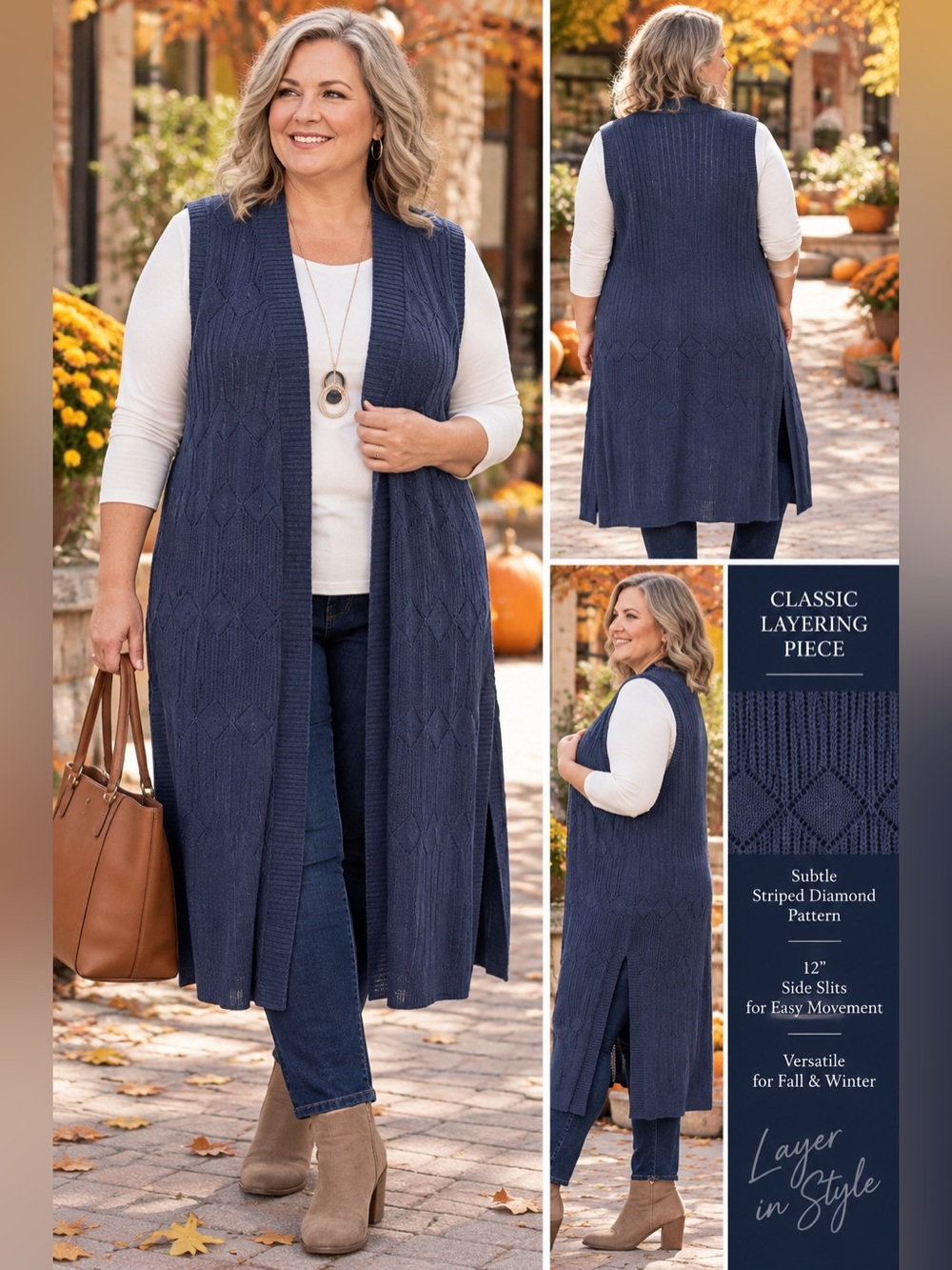 Roaman's Navy Open-Front Long Cable Vest 18/20 Large